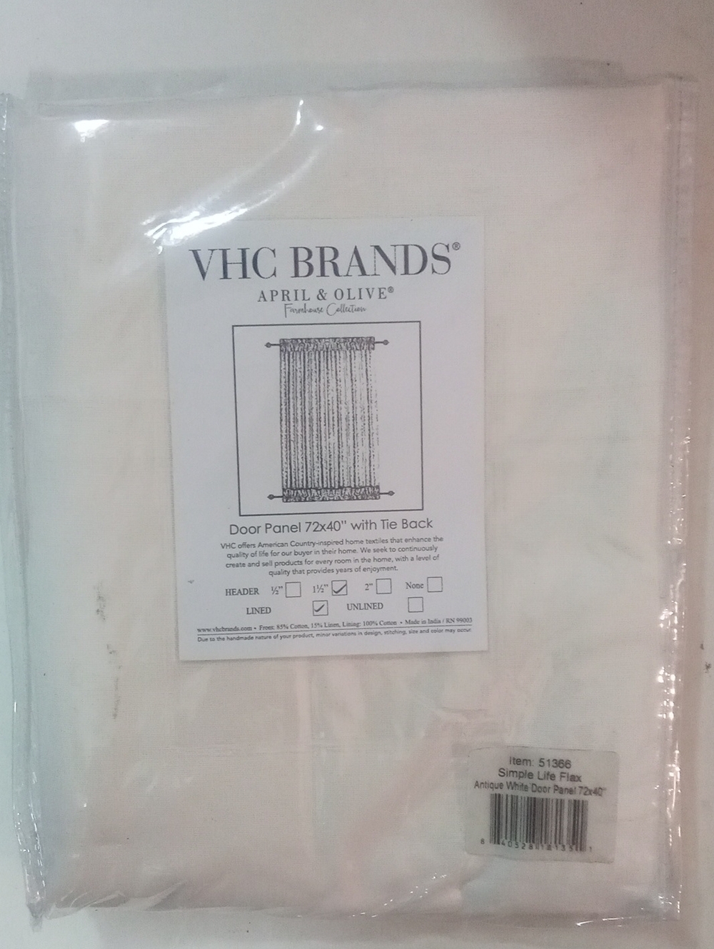 VHC Brands Antique White Door Panel April & Olive 72" Tieback NWT $65